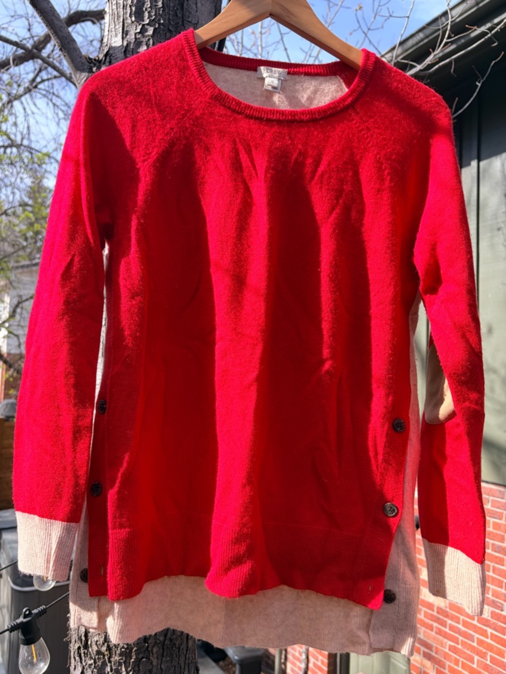 J. Crew Red Crewneck Sweater with Cream Trim and Side Buttons